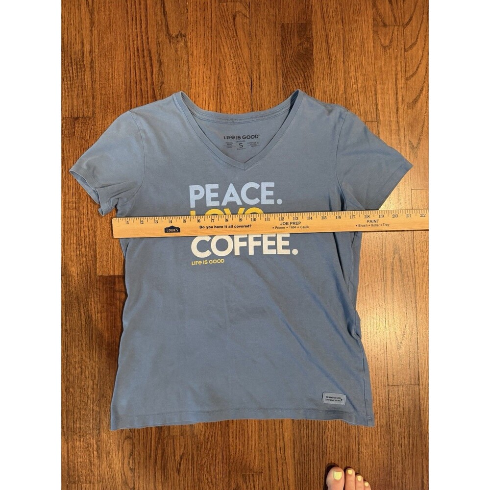 Life is Good Womens S Peace Love Coffee Crusher V Neck‎ T Shirt Blue - Picture 3 of 7